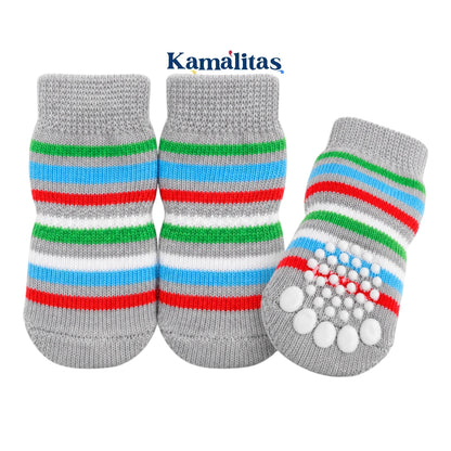 Calcetines para mascotas color gris con rayas de colores, ideales para perros pequeños, medianos y gatos que necesitan mayor tracción al caminar