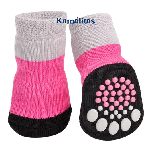 Calcetines para mascotas en color rosa, blanco y negro, fabricados con algodón elástico y gel antideslizante de silicona para mayor agarre en interiores.