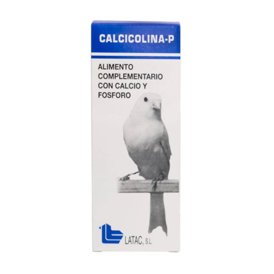 Caja de Calcicolina-P, alimento complementario con calcio y colina para la salud hepática de canarios, ninfas y loros.