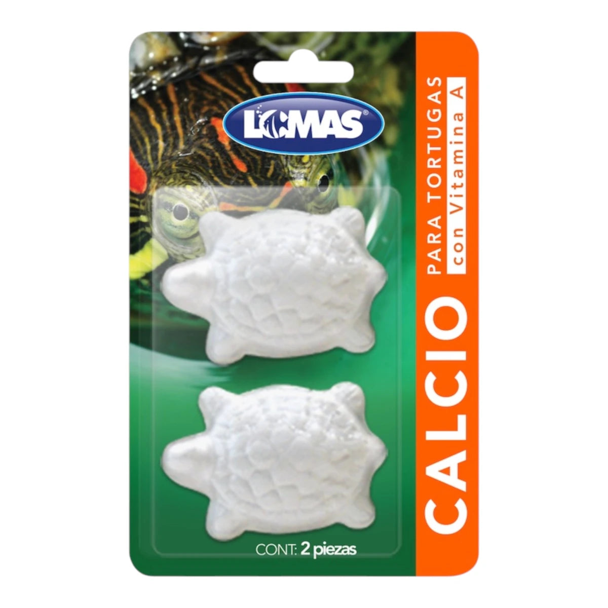 Empaque en blíster de dos piezas del Calcio para Tortugas con Vitamina A de la marca Acuario Lomas, mostrando dos bloques blancos de quince gramos en forma de tortuga y el contenido actualizado, en Kamalitas