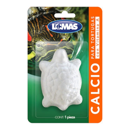 Empaque en blíster de una pieza del Calcio para Tortugas con Vitamina A de la marca Acuario Lomas, bloque blanco de quince gramos en forma de tortuga, en Kamalitas