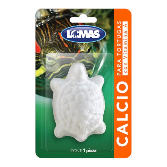 Empaque en blíster de una pieza del Calcio para Tortugas con Vitamina A de la marca Acuario Lomas, bloque blanco de quince gramos en forma de tortuga, en Kamalitas