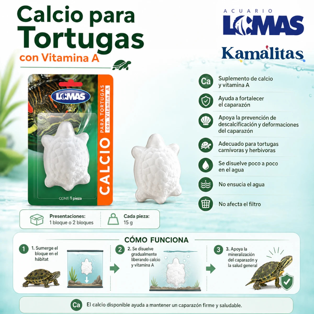 Infografía del Calcio para Tortugas con Vitamina A Acuario Lomas, suplemento en bloque disoluble que ayuda a fortalecer el caparazón y apoyar la salud de tortugas acuáticas