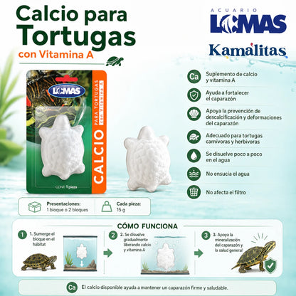 Infografía del Calcio para Tortugas con Vitamina A Acuario Lomas, suplemento en bloque disoluble que ayuda a fortalecer el caparazón y apoyar la salud de tortugas acuáticas