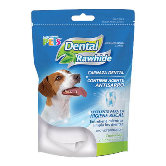 Empaque de Carnaza Dental Fancy Pets que contiene 2 piezas de 10-13 cm con agente antisarro y esencia de menta para higiene bucal.