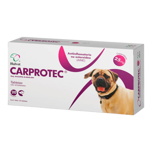 Caja de Carprotec 25 mg con 20 tabletas, antiinflamatorio no esteroideo para el alivio del dolor articular y postoperatorio en perros.