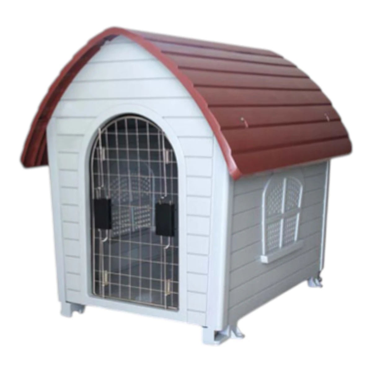 Casa de exterior para perro marca Sunny en color gris con techo rojo, puerta metálica y rejillas de ventilación lateral.