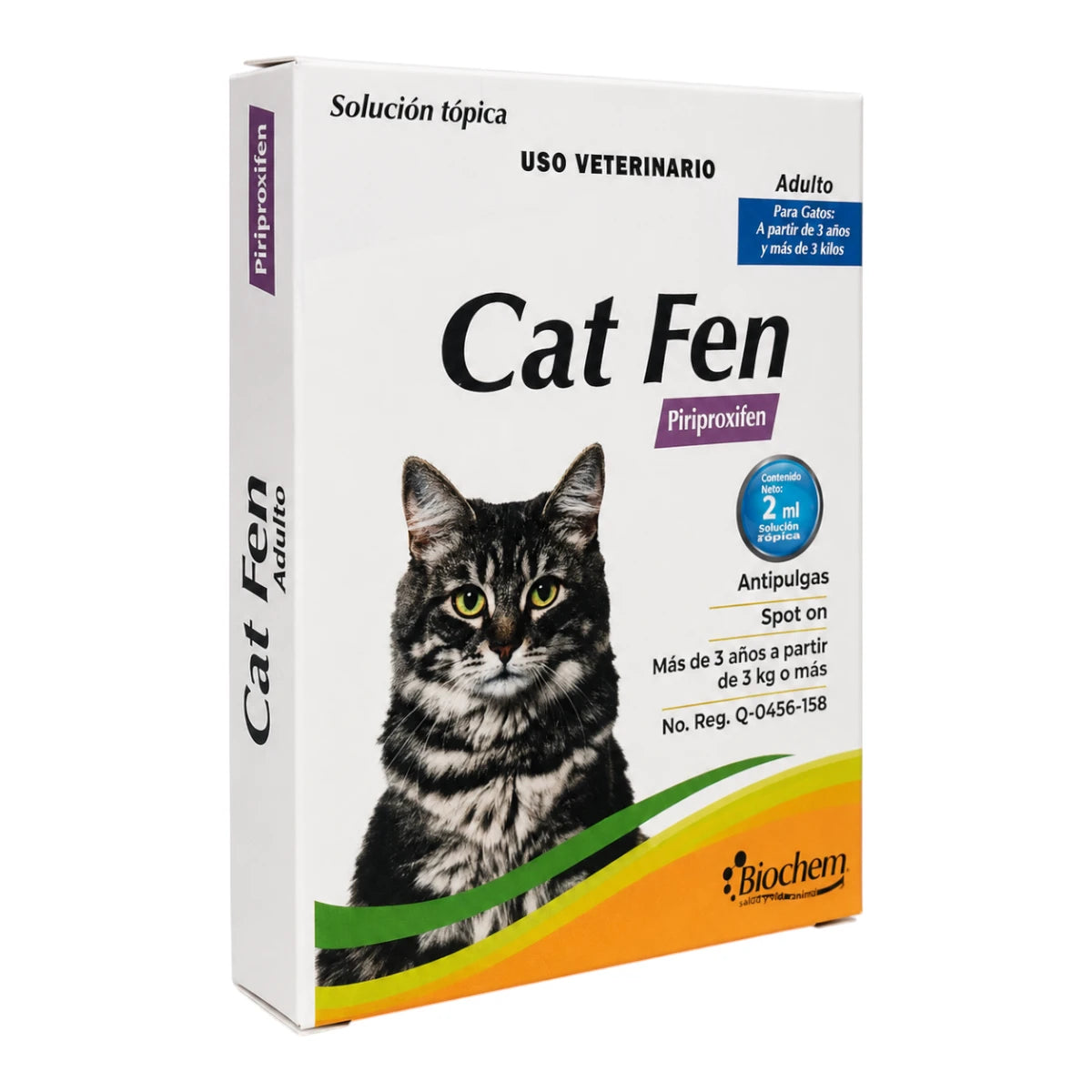 Vista en perspectiva de la caja individual de Cat fen de Laboratorio Biochem, solución tópica de 2 mL antipulgas para gatos adultos a partir de 3 años de edad y de 3 kg o más.