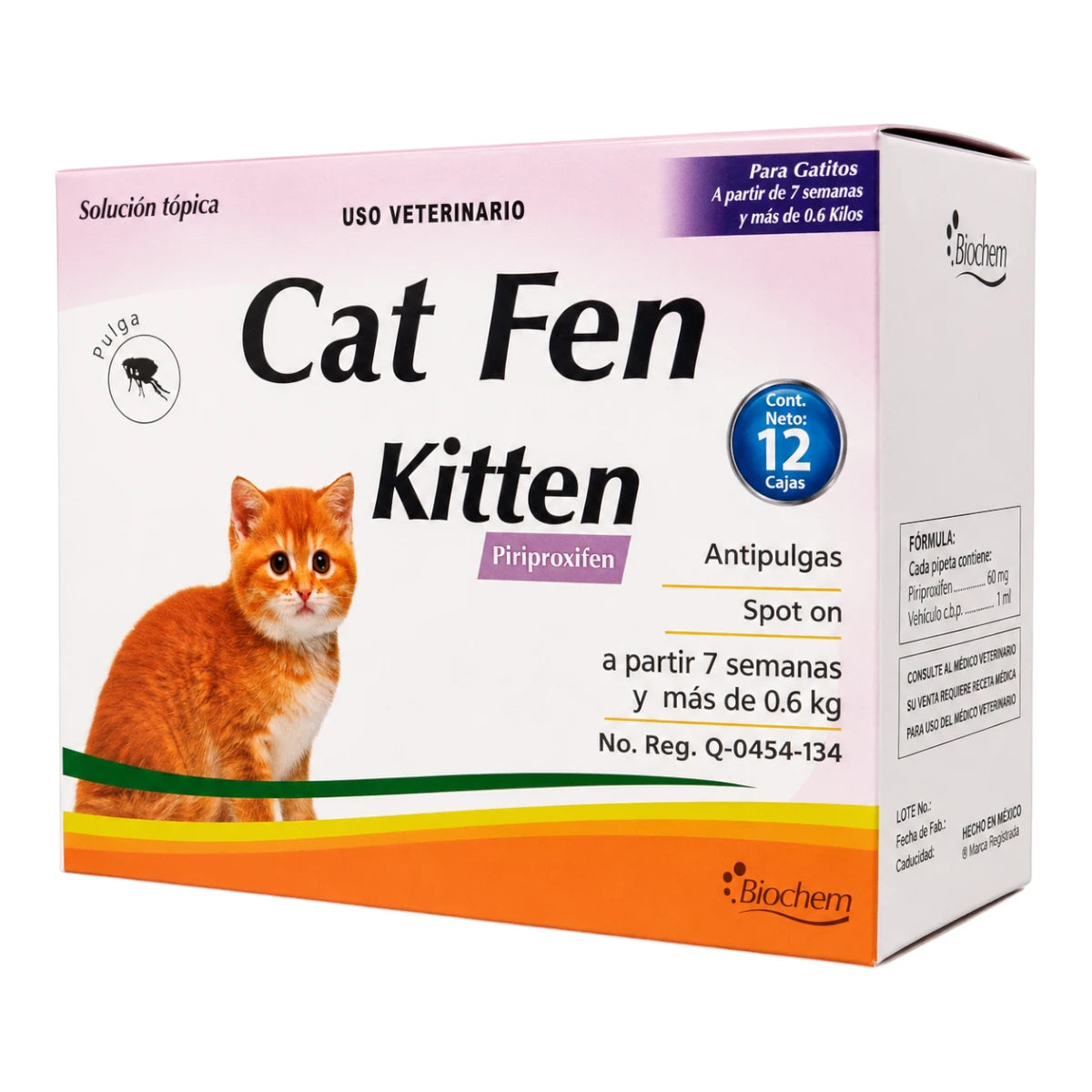 Vista frontal de la caja colectiva de Cat fen Kitt de Laboratorio Biochem con 12 cajas, solución tópica antipulgas spot on con Piriproxifen para gatitos a partir de 7 semanas y más de 600 g