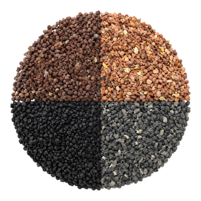 Muestra circular dividida en cuatro partes con las variantes rojo intenso, rosa veteado, negro obsidiana y gris oxford de la grava Lomas, en Kamalitas