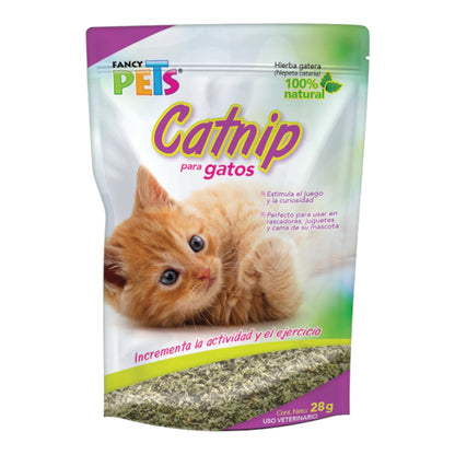 Bolsa de 28 gramos de Catnip Fancy Pets 100% natural, ideal para estimular el juego y la curiosidad en gatos adultos.