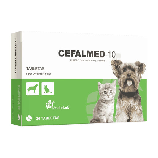 Caja de Cefalmed-10 con tabletas de Cefalexina de 250 mg, antibiótico veterinario de amplio espectro para infecciones en perros y gatos pequeños.