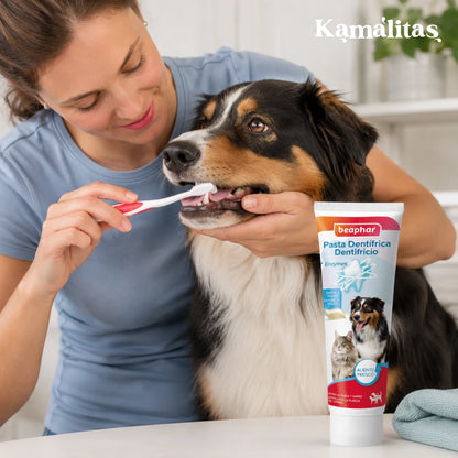Tutora cepillando los dientes de un perro de raza Pastor Australiano usando la pasta dental enzimática Beaphar sabor hígado.