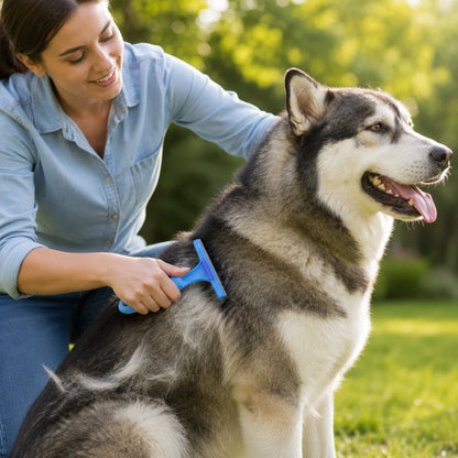 Persona cepillando el subpelo de un perro Husky siberiano en el parque usando el deslanador recto de Fancy Pets, en Kamalitas.