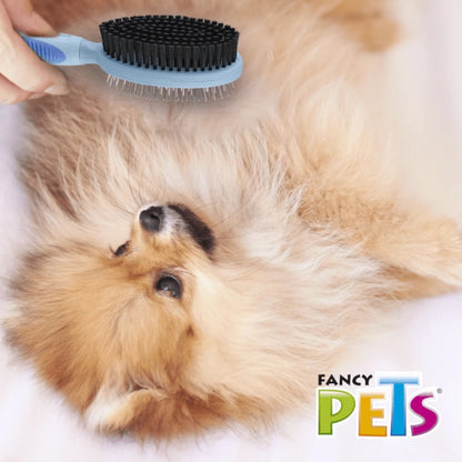 Un perro Pomerania siendo cepillado con el lado de cerdas de nailon del cepillo azul Fancy Pets para dar acabado y brillo, en Kamalitas.