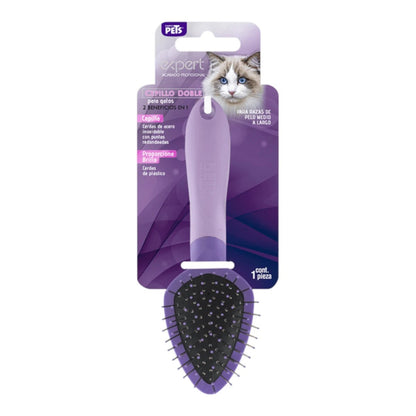 Empaque frontal del cepillo doble para gato Expert de Fancy Pets en color morado, diseñado para razas de pelo medio a largo, en Kamalitas.