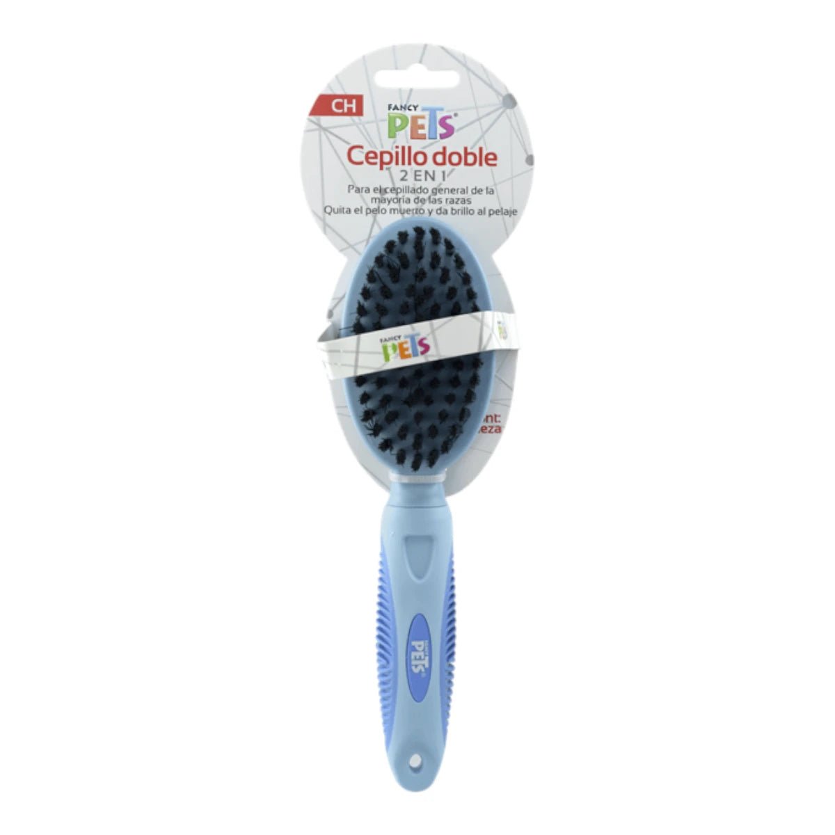 Presentación del cepillo dual azul Fancy Pets tamaño chico, ideal para razas pequeñas  en Kamalitas.