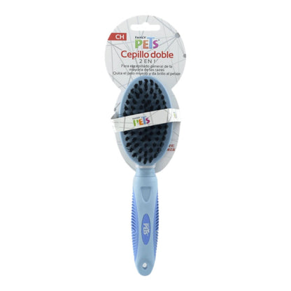 Presentación del cepillo dual azul Fancy Pets tamaño chico, ideal para razas pequeñas  en Kamalitas.