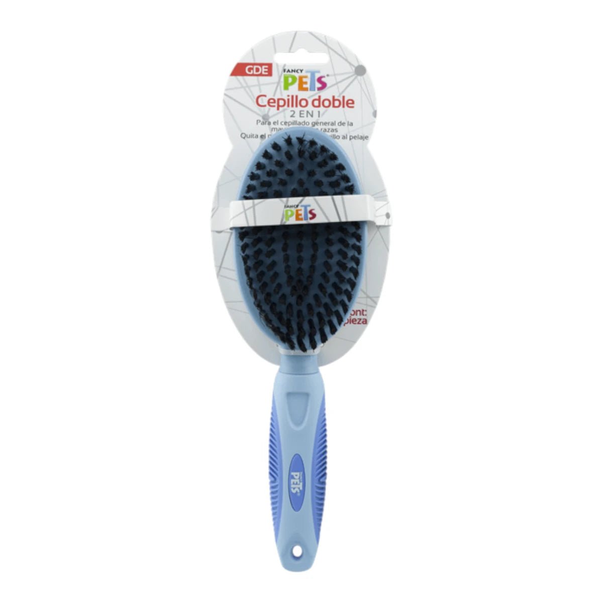 Empaque frontal del cepillo doble para perro Fancy Pets tamaño grande en color azul, con cerdas de acero y plástico, en Kamalitas.
