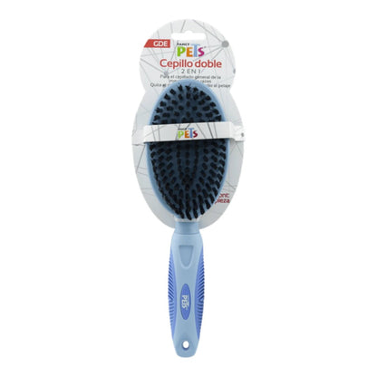 Empaque frontal del cepillo doble para perro Fancy Pets tamaño grande en color azul, con cerdas de acero y plástico, en Kamalitas.