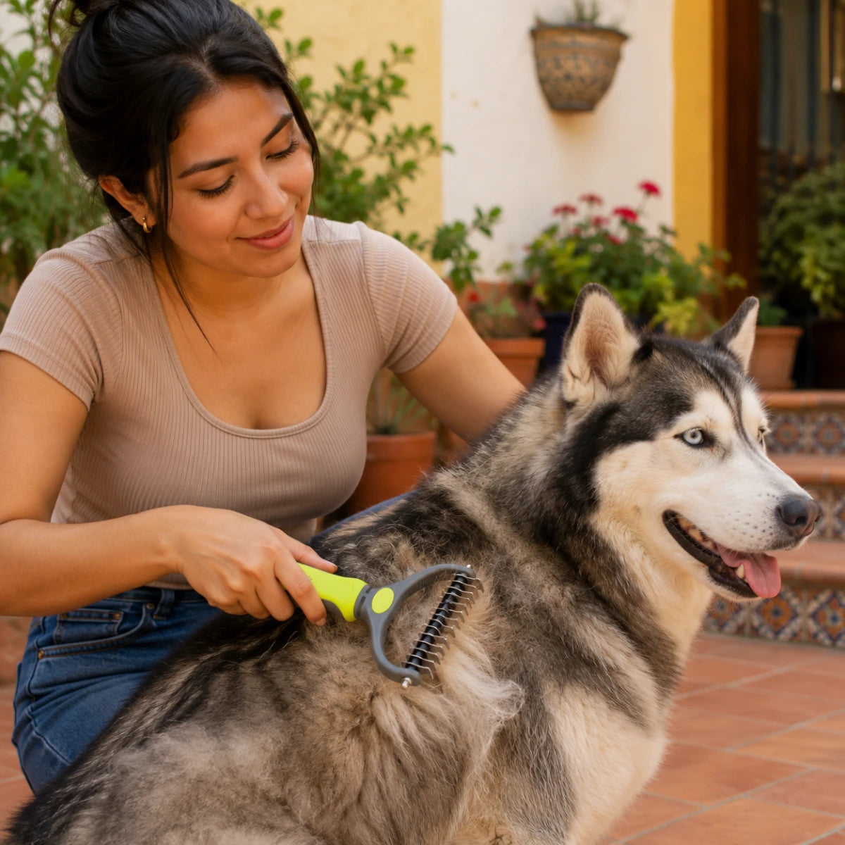 Mujer cepillando a un perro husky con nudos visibles usando el cepillo rompenudos Petunius ideal para épocas de muda
