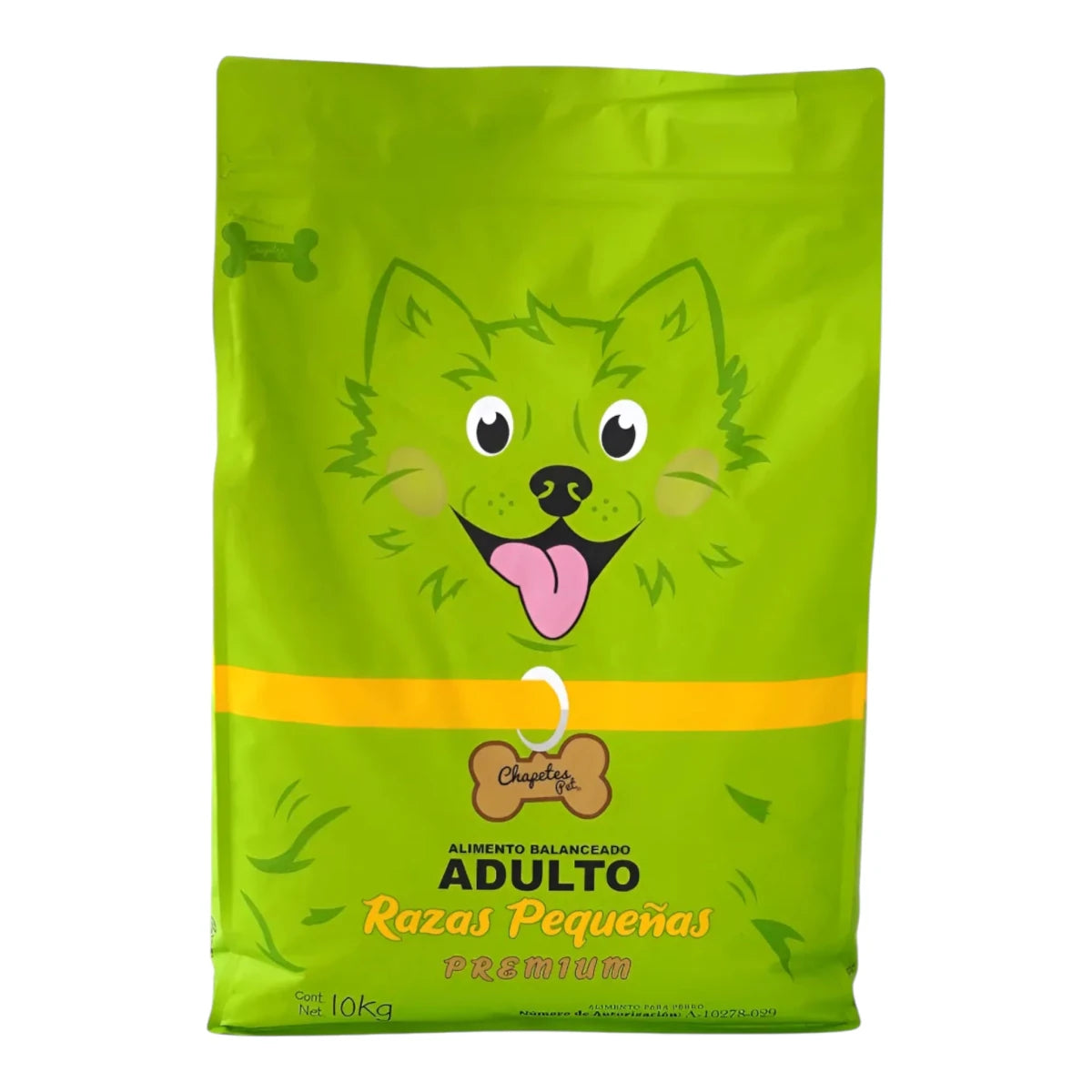 Saco verde de alimento balanceado Chapetes Premium para perros adultos de razas pequeñas de 10kg con ilustración de perrito sonriente.
