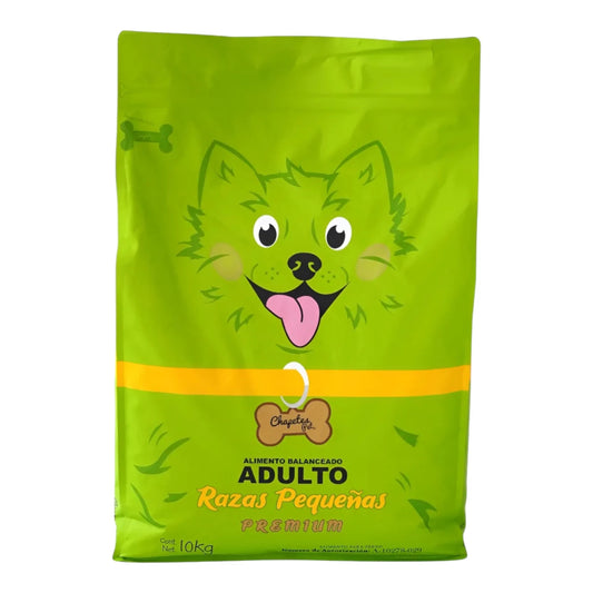 Saco verde de alimento balanceado Chapetes Premium para perros adultos de razas pequeñas de 10kg con ilustración de perrito sonriente.