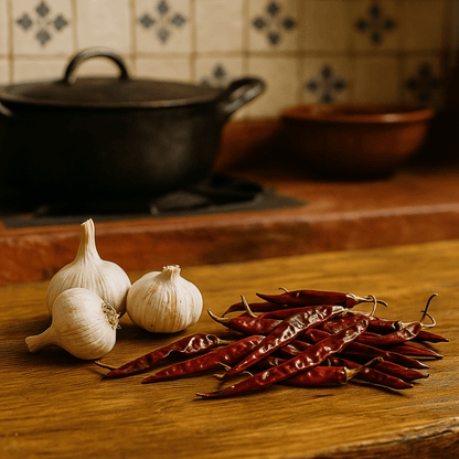 Vista realista de chiles de árbol secos sobre una mesa de cocina mexicana, listos para preparar salsas