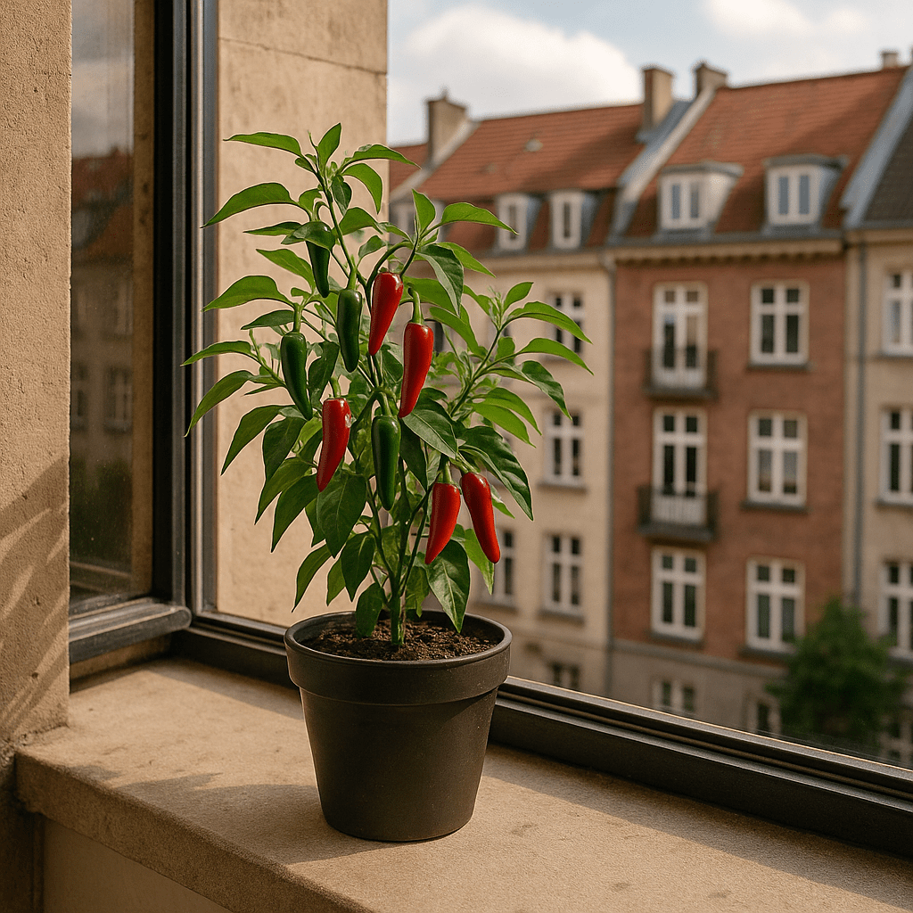 Maceta con planta de chile serrano en la ventana de un departamento en el tercer piso, con chiles maduros listos para cosechar