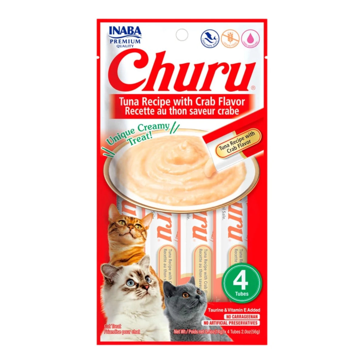 Empaque de Churu sabor atún con cangrejo que contiene 4 tubos de snack cremoso para gatos, libre de granos y con ingredientes naturales.