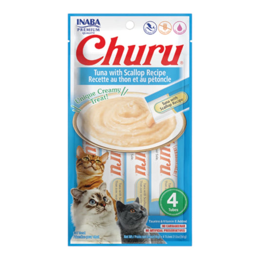 Sobre de Churu sabor atún con vieiras, snack cremoso de grado humano y fórmula natural fortalecida con Vitamina E para gatos.