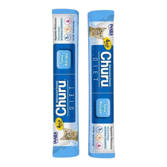 Tubo individual de Churu Diet sabor atún de 14g, snack cremoso de grado humano y fórmula veterinaria para gatos con bajo apetito.