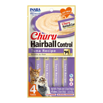 Empaque de Churu Hairball Control sabor atún con 4 tubitos, formulado con fibra vegetal para el control de bolas de pelo en gatos.