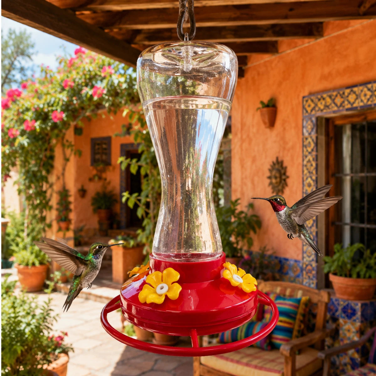 Dos colibríes volando y alimentándose del bebedero Redkite colgado en el patio de una casa rústica rodeada de flores de jardín, en Kamalitas.