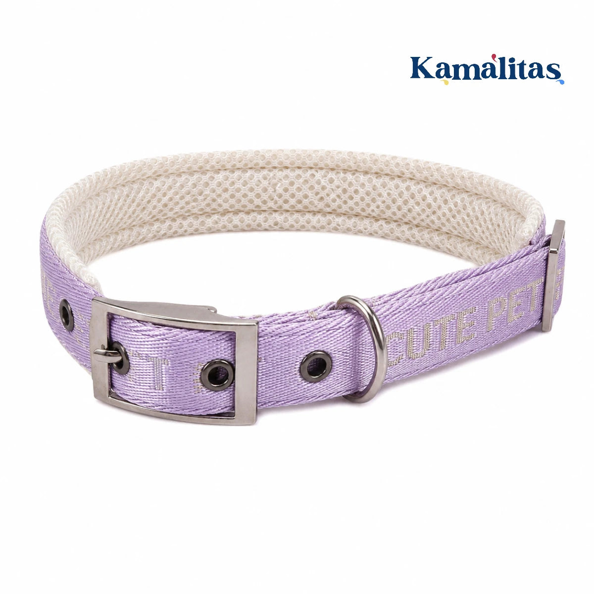 Collar acolchado para perro y gato color morado pastel, ajustable, con herraje metálico tipo hebilla y argolla en D para correa.