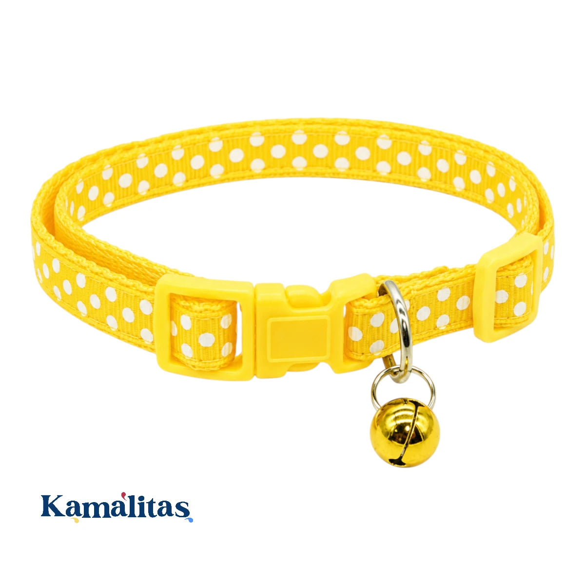 Collar ajustable amarillo con puntos blancos para gato y perros pequeños, con cascabel a juego, broche de liberación rápida y ajuste de 18 a 30 cm, disponible en Kamalitas.