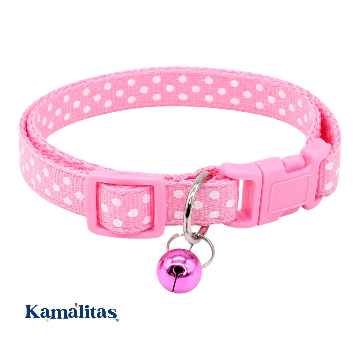 Collar ajustable rosa con puntos blancos para gato y perros pequeños, con cascabel rosa, diseño ligero y ajuste de cuello de 18 a 30 cm, disponible en Kamalitas.
