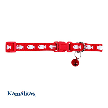 Collar ajustable rojo de nylon con diseño de pescados para gato y perros pequeños, con cascabel rojo, broche de liberación rápida y ajuste de 18 a 30 cm, disponible en Kamalitas
