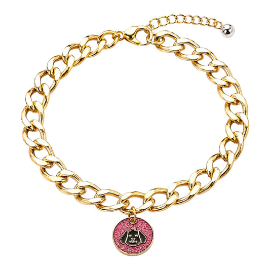 Collar de cadena cubana dorada para perros y gatos con dije decorativo y cascabel de acero en el broche.