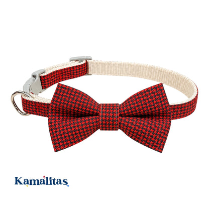 Collar con moño rojo y negro para gato y perro pequeño, diseño elegante tipo pajarita con ajuste de cuello de 18 a 24 cm, disponible en Kamalitas.