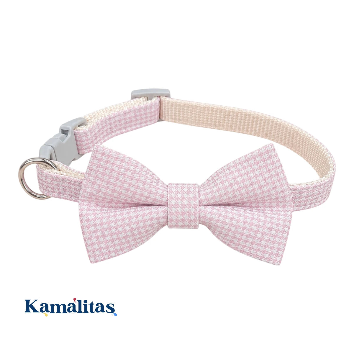 Collar con moño rosa para gato y perro pequeño, diseño de tela con ajuste cómodo, broche de liberación rápida y argolla tipo D, disponible en Kamalitas.