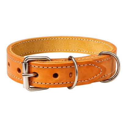 Primer plano de un collar de piel color marrón claro de la marca Murciélago, mostrando su hebilla metálica de un pin y los dos aros (uno para placa y otro para correa), en Kamalitas.