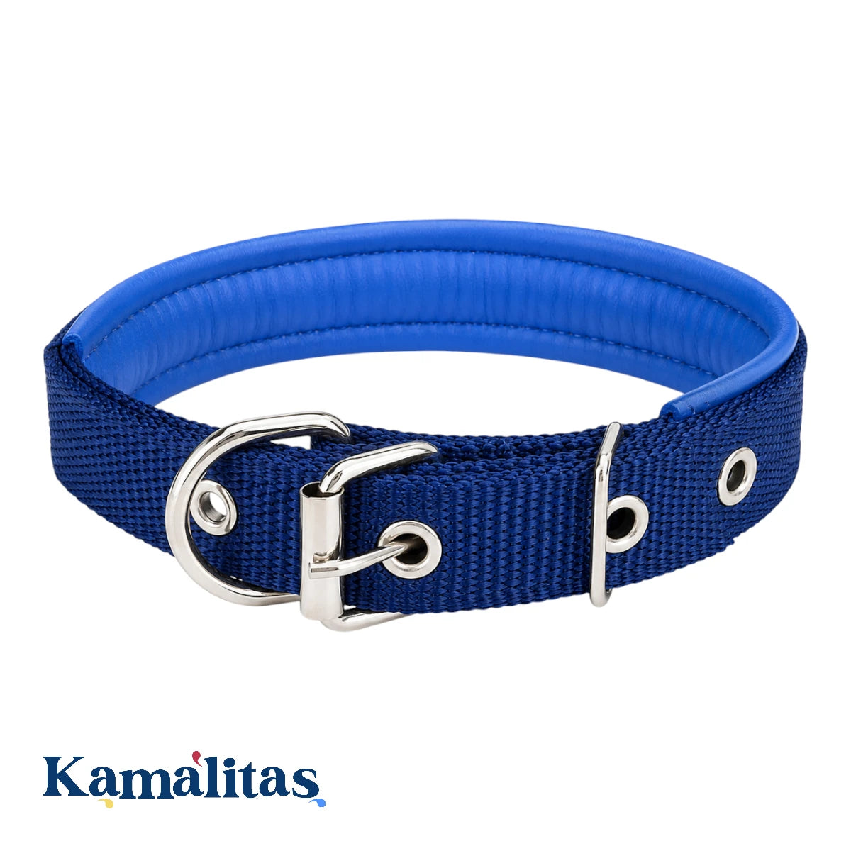 Collar reforzado azul marino para perro con lona durable, interior acolchado suave tipo piel y argolla metálica resistente para correa