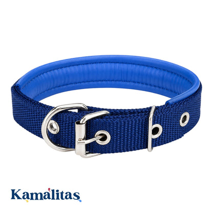 Collar reforzado azul marino para perro con lona durable, interior acolchado suave tipo piel y argolla metálica resistente para correa