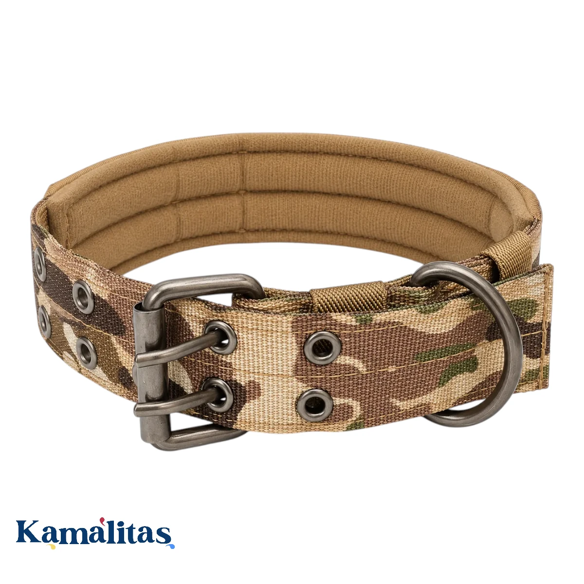 Collar reforzado estilo camuflaje para perro, elaborado con lona gruesa, herrajes metálicos y forro interior acolchado tipo piel para mayor comodidad.