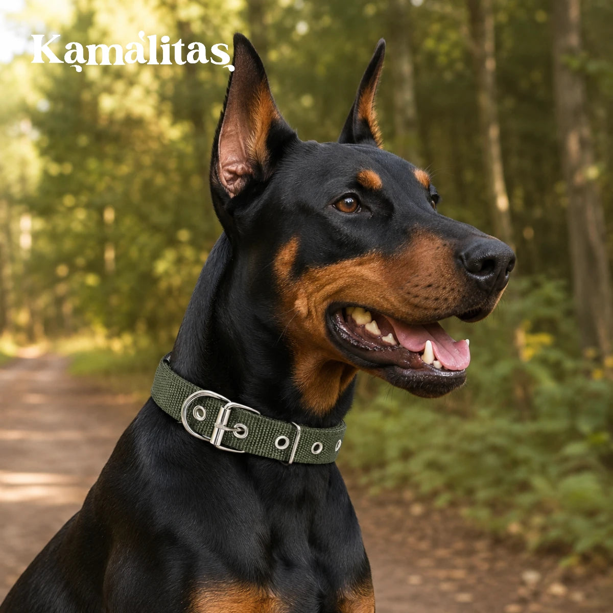 Doberman con collar reforzado ajustable de lona y herrajes metálicos, ideal para perros medianos y grandes en paseos al aire libre.