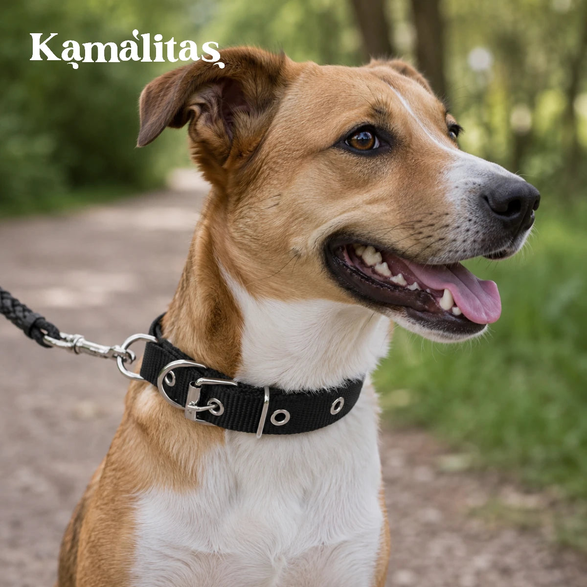 Perro usando collar reforzado con interior suave tipo piel y estructura resistente, ideal para paseo seguro en parque.