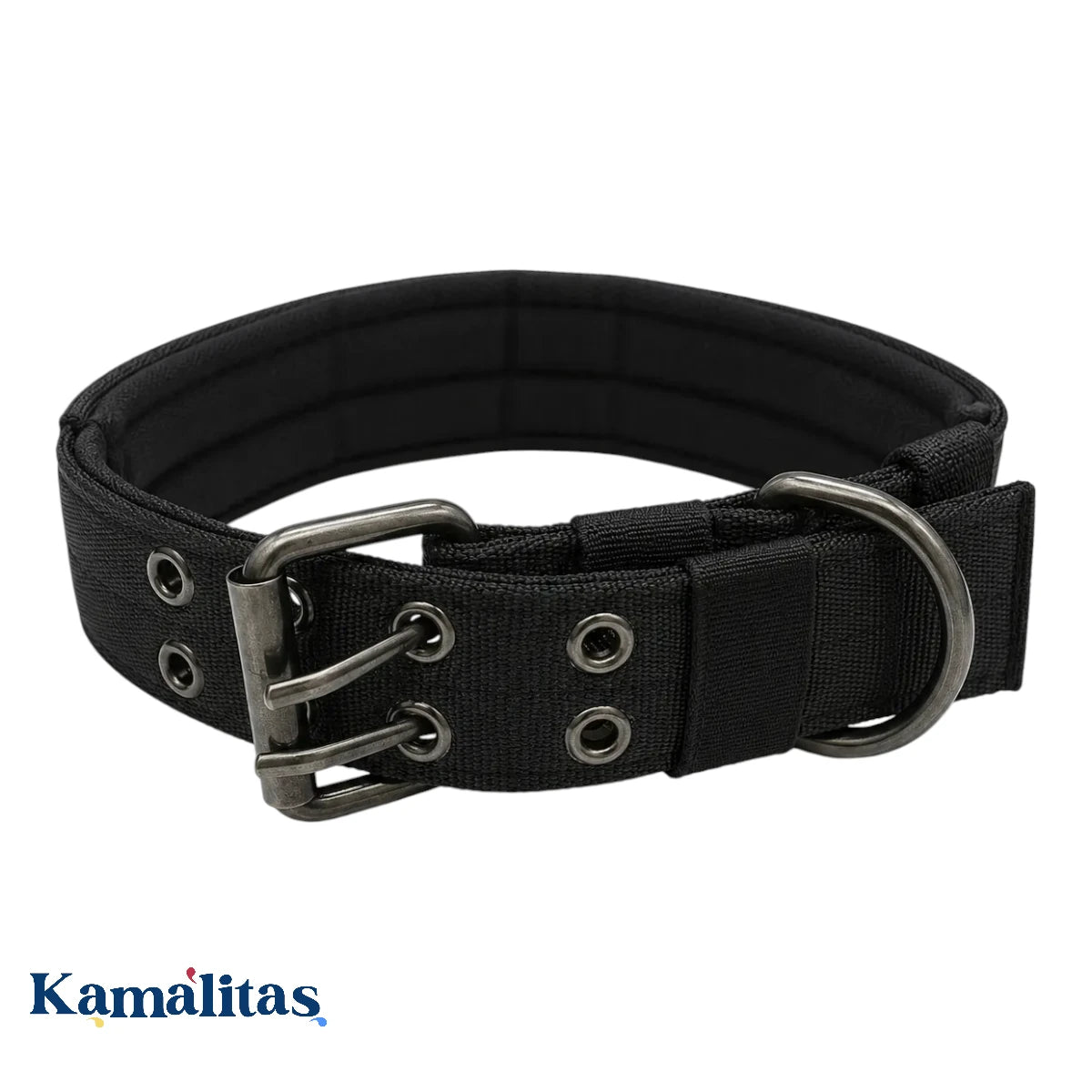 Collar reforzado negro para perro con lona de alta resistencia, hebilla metálica, anillo en D y forro interior suave tipo piel.