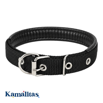 Collar reforzado negro para perro con lona de alta resistencia, interior suave tipo piel y herrajes metálicos cromados.