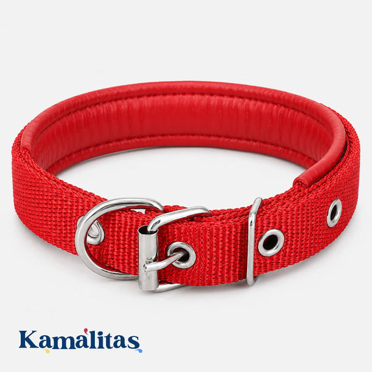 Collar reforzado rojo para perro con lona resistente, forro interior suave tipo piel roja y herrajes metálicos cromados ajustables.